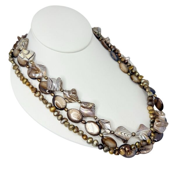 Abalone Shell Fresh Water Pearl Layered Necklace 23" Variegated Beaded Nautical - Picture 5 of 10